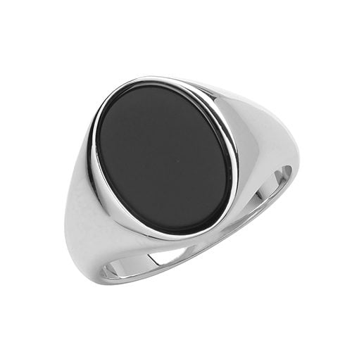 Silver Men's Oval Black Onyx Plain Signet Ring