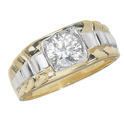 9ct Yellow And White Gold Mens CZ Ring