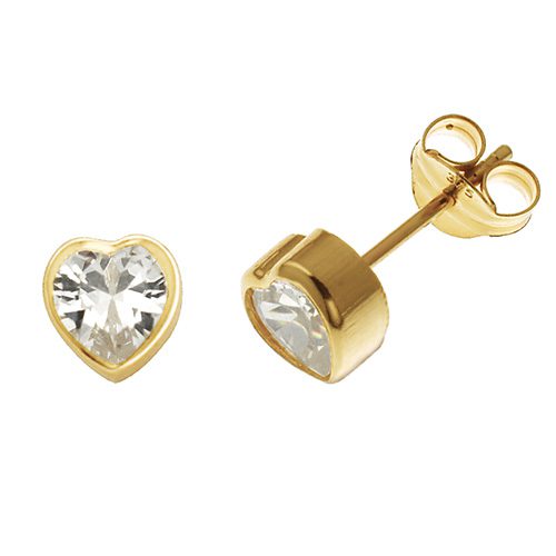 9ct Yellow Gold Heart CZ Stud Earrings