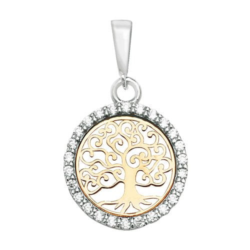 9ct Yellow Gold Tree of Life Round Cubic Zirconia Pendant Charm 1.30g