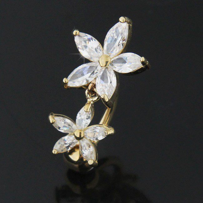 14ct Yellow Gold Pure Crystal Double Flower Belly Bar- 1.6mm x 10mm - Image 2
