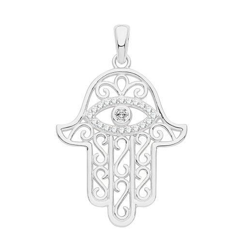 925 Sterling Silver Rhodium Plated CZ Hamsa Pendant Charm