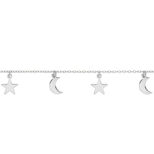 925 Sterling Silver Ladies Star & Moon Bracelet 7"+1"