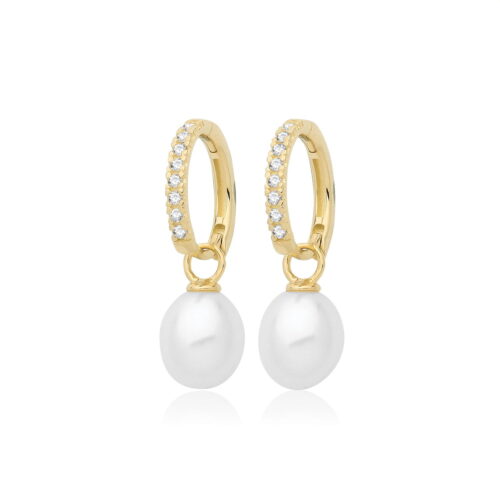Gold CZ Pearl Drop Hoop