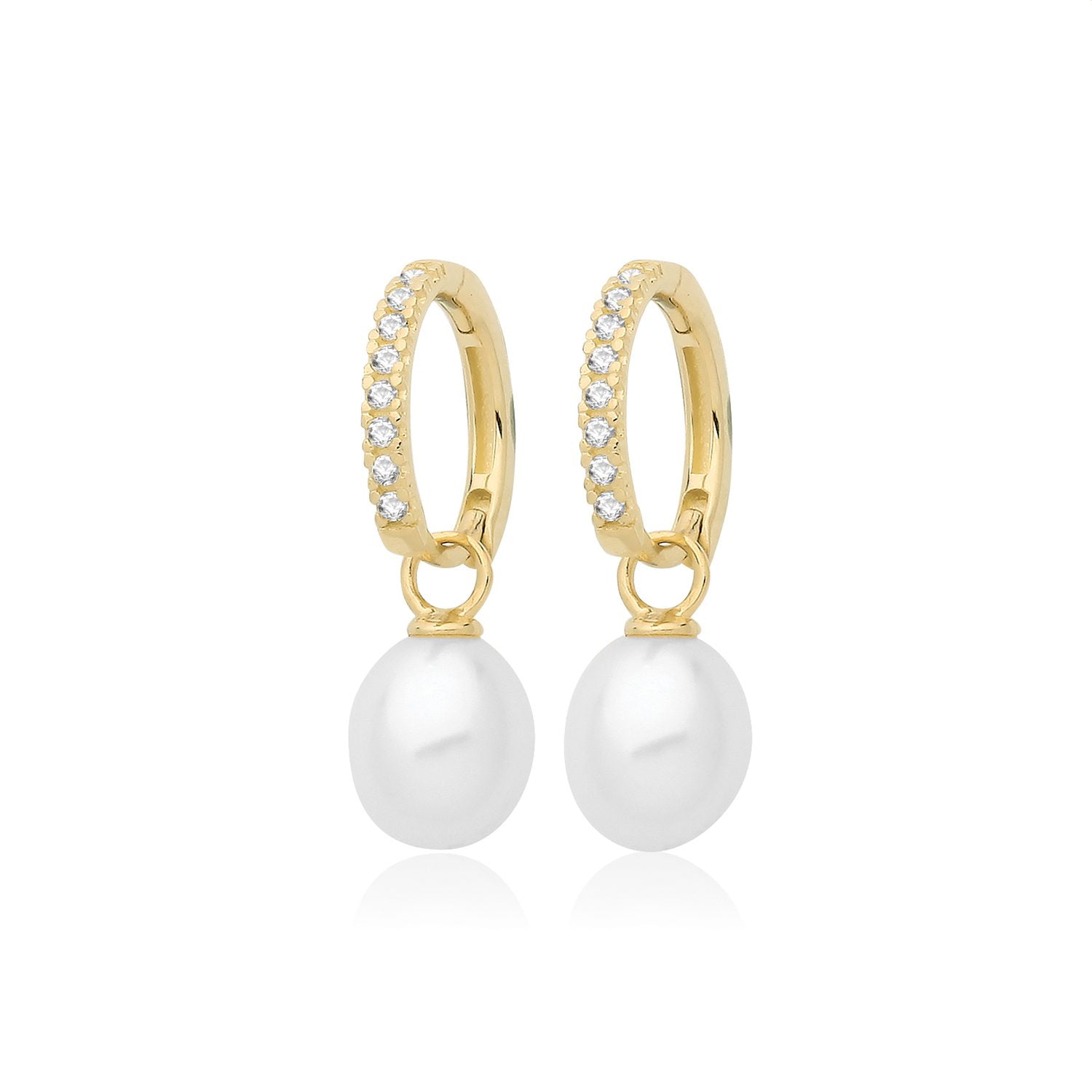 Gold CZ Pearl Drop Hoop