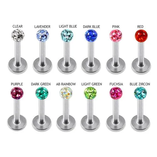 316L Surgical Steel Labret With Epoxy Multi Crystal Stone Ball Flatback - Image 2