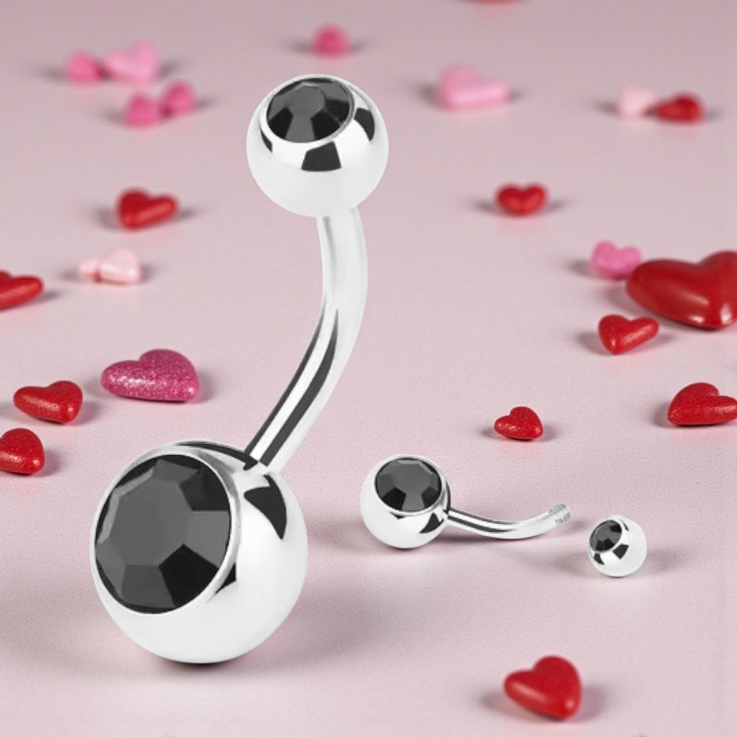 Titanium G23 Grade Double Jewelled Belly Bar for Navel Piercing 1.6mm x 10mm, 12mm- Black - Image 2