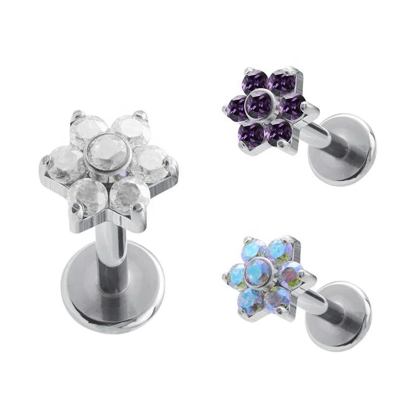 G23 Grade Titanium CZ 5mm Flower Flatback Earring Internal Threaded Labret - Image 3