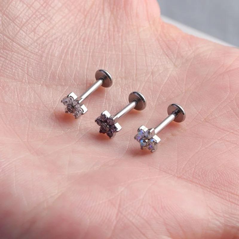 G23 Grade Titanium CZ 5mm Flower Flatback Earring Internal Threaded Labret - Image 2