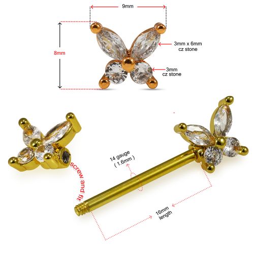 316L Surgical Steel Butterfly Jewelled Nipple Bar- Silver - Image 2