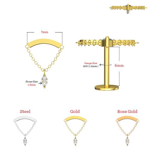 316L Surgical Steel Labret Chain with Marquise CZ Dangle Flatback - Silver - Image 2