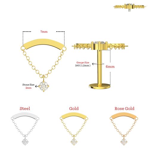 316L Surgical Steel Labret Chain with Round CZ Dangle Flatback - Silver - Image 2