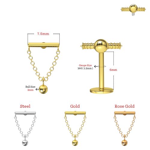 316L Surgical Steel Labret Chain with Ball Bead Dangle Flatback - Gold - Image 2