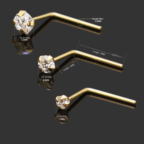 9ct Yellow Gold L-Shaped Jewelled Nose Stud 1.0mm x 2.5mm - Image 2