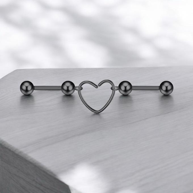 316L Surgical Steel Heart Shaped Industrial Scaffold Bars 1.2mm x 38mm- Black - Image 2