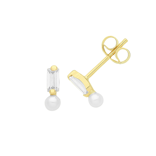 Baguette cz and pearl stud earrings