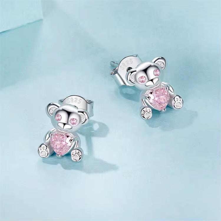 925 Sterling Silver Pink Cubic Zirconia Heart Teddy Bear Earrings - Image 4