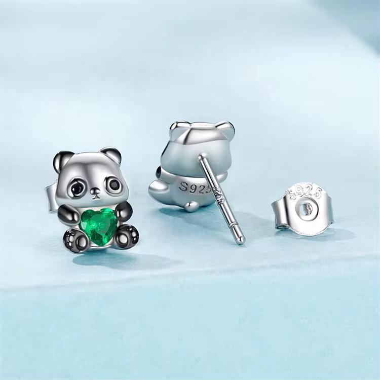 925 Sterling Silver Panda Bear Earrings With Emerald Heart Cubic Zirconia - Image 4