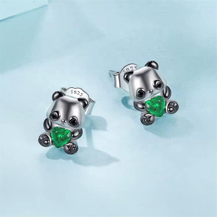 925 Sterling Silver Panda Bear Earrings With Emerald Heart Cubic Zirconia - Image 3