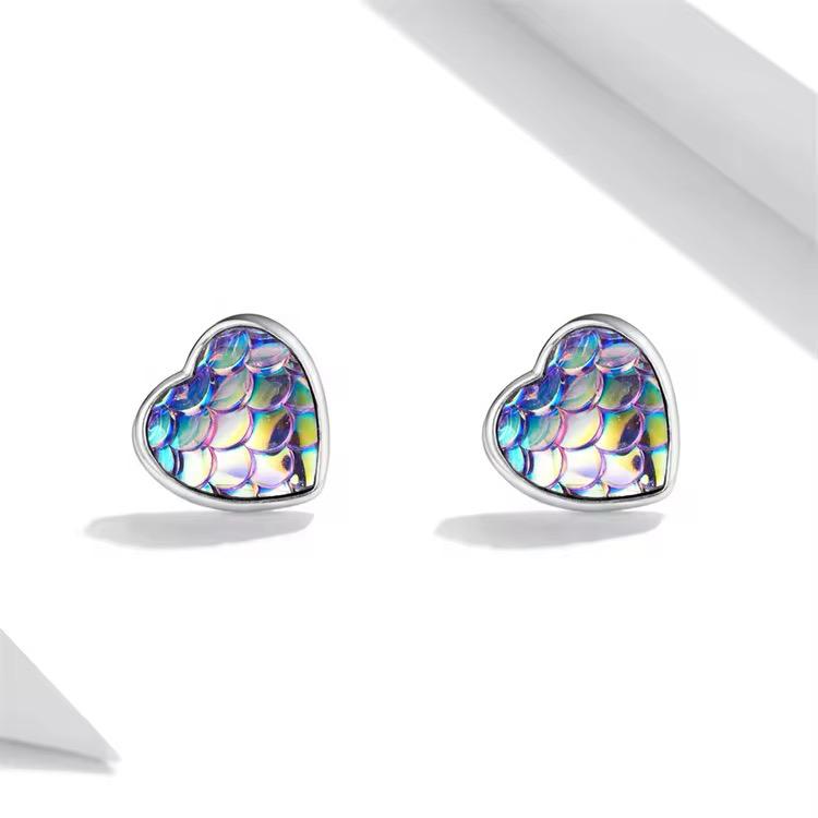 925 Sterling Silver Heart Earrings With Mermaid Purple Opal Colour Pattern - Image 3