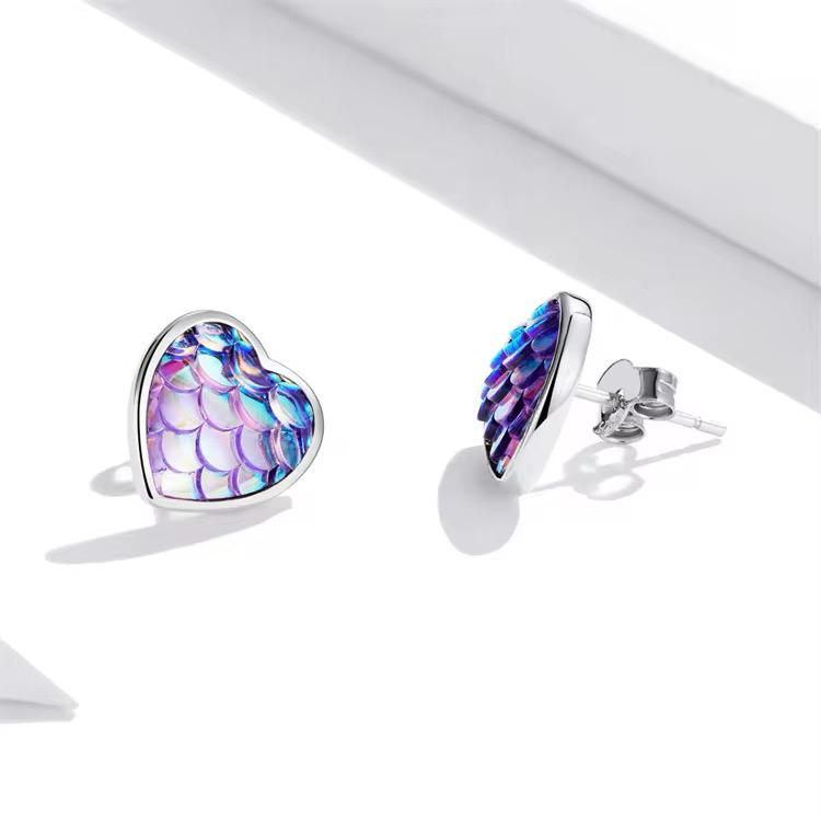 925 Sterling Silver Heart Earrings With Mermaid Purple Opal Colour Pattern - Image 2