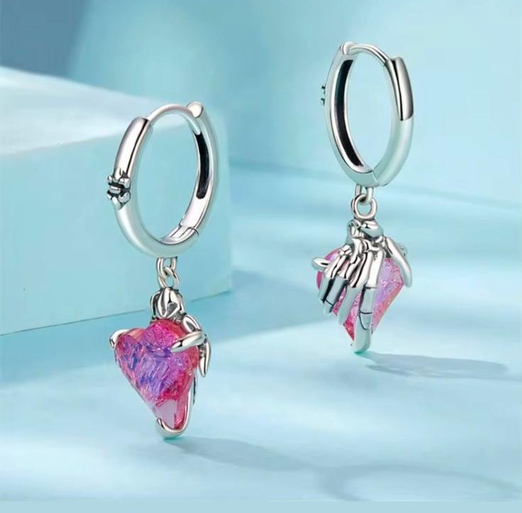 925 Sterling Silver Huggie Hoop With Pink Glass Heart Earrings - Image 2