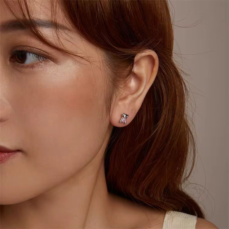 925 Sterling Silver Pink Cubic Zirconia Heart Teddy Bear Earrings - Image 2