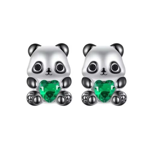 925 Sterling Silver Panda Bear Earrings With Emerald Heart Cubic Zirconia