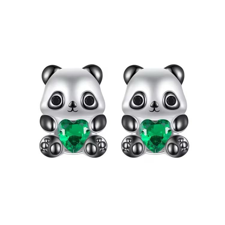 925 Sterling Silver Panda Bear Earrings With Emerald Heart Cubic Zirconia
