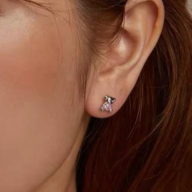 925 Sterling Silver Pink Cubic Zirconia Heart Teddy Bear Earrings - Image 3