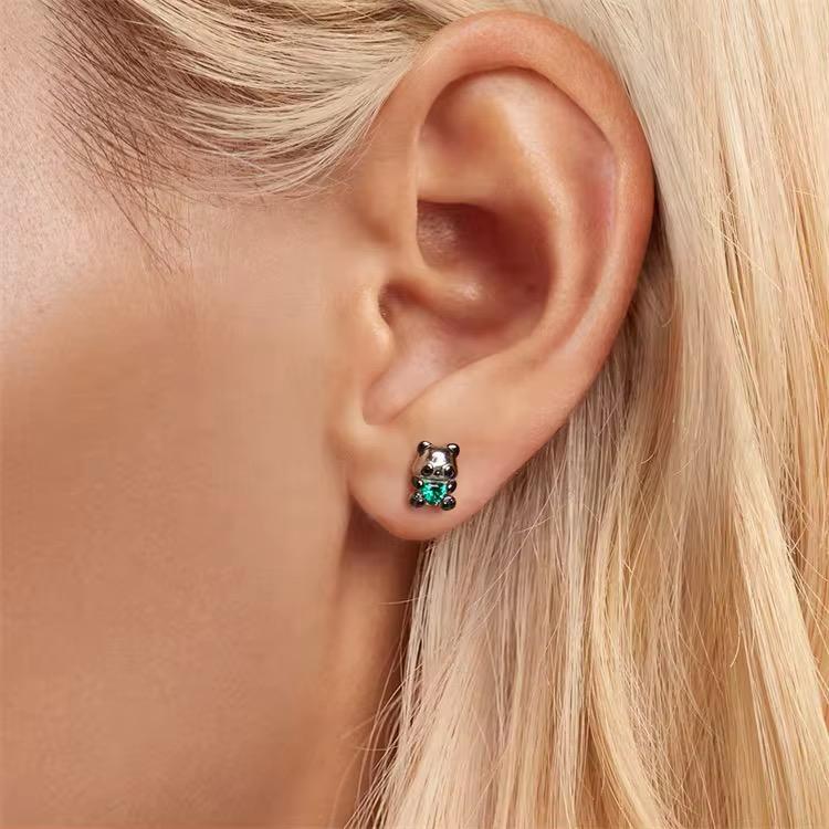 925 Sterling Silver Panda Bear Earrings With Emerald Heart Cubic Zirconia - Image 2