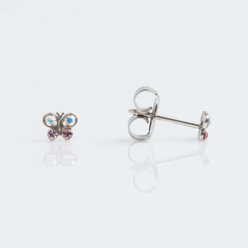 Tiny Tips - 14ct White Gold Mini Butterfly AB Crystal/ Light Rose Stud Earring