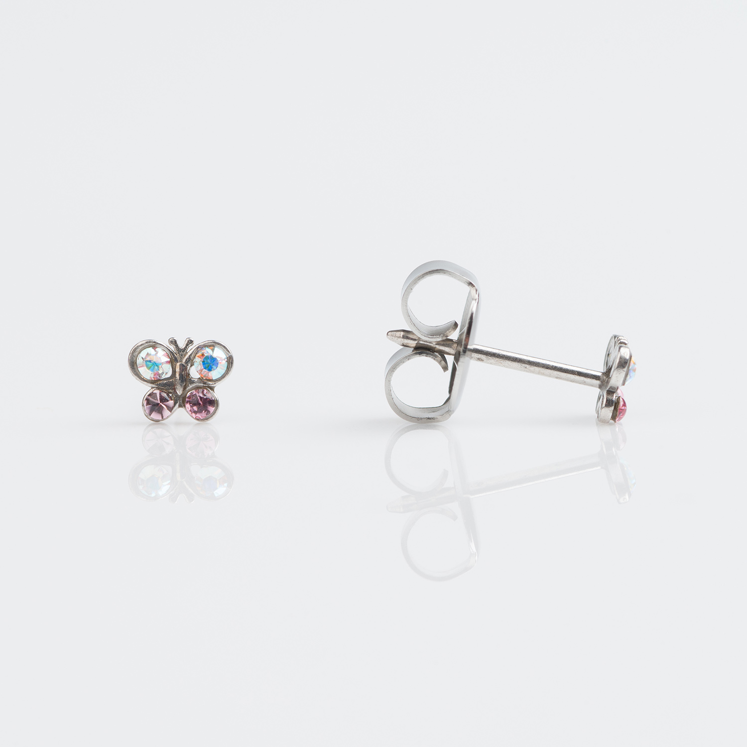 Tiny Tips - 14ct White Gold Mini Butterfly AB Crystal/ Light Rose Stud Earring