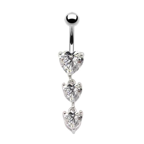 925 Sterling Silver And 316L CZ Dangling Heart Charms Belly Bar Navel Ring