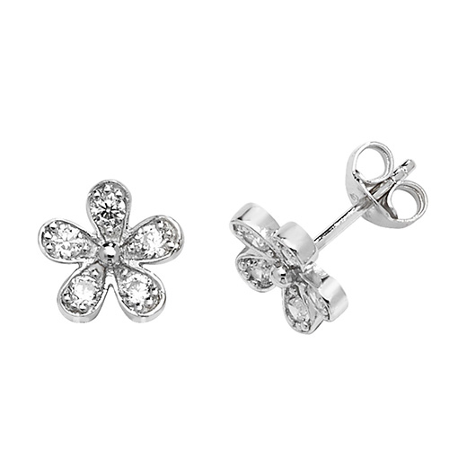 Silver Flower Shaped Rh Plated  CZ Stud Earrings