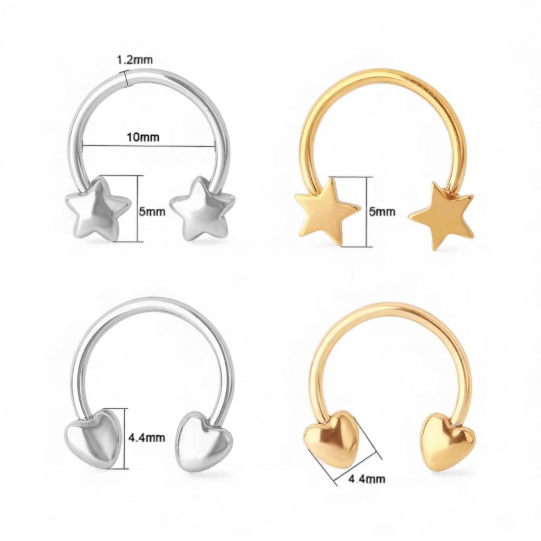 316L Surgical Steel Star Horseshoe Piercing Circular Barbell 1.2mm x 10mm- Gold - Image 2