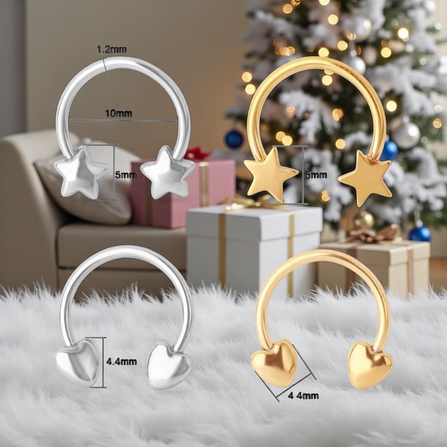 316L Surgical Steel Star Horseshoe Piercing Circular Barbell 1.2mm x 10mm- Gold - Image 3