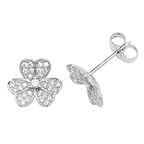 925 Sterling Silver Shamrock Rhodium Plated CZ Stud Earrings
