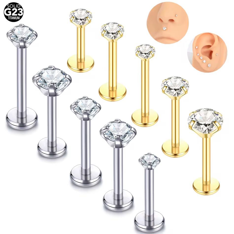 Titanium Implant Grade 2.5mm CZ Crystal Threaded Labret Flatback 1.2 x 6, 8, 10mm - Image 2