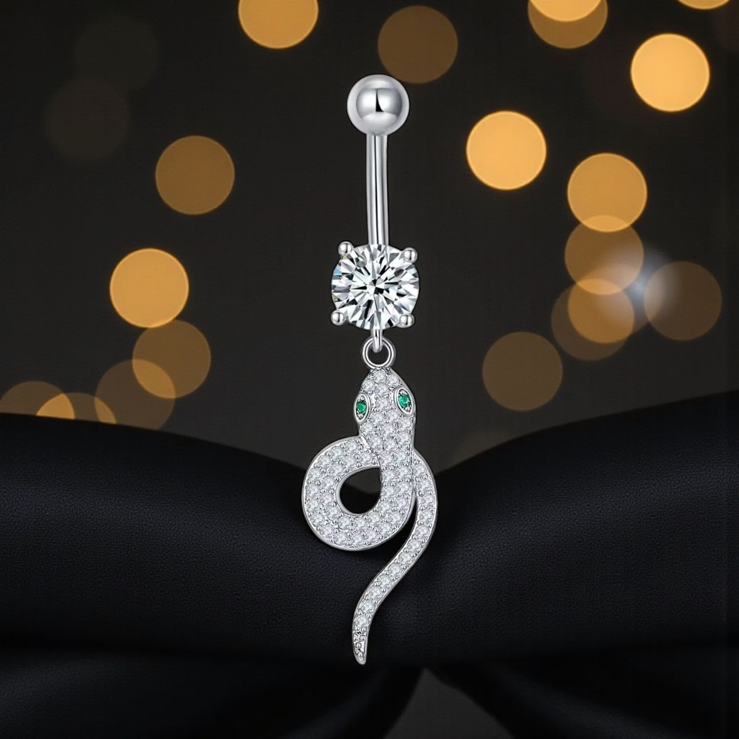 316L Surgical Steel Aqua CZ Snake Belly Bar Navel Ring - Image 2