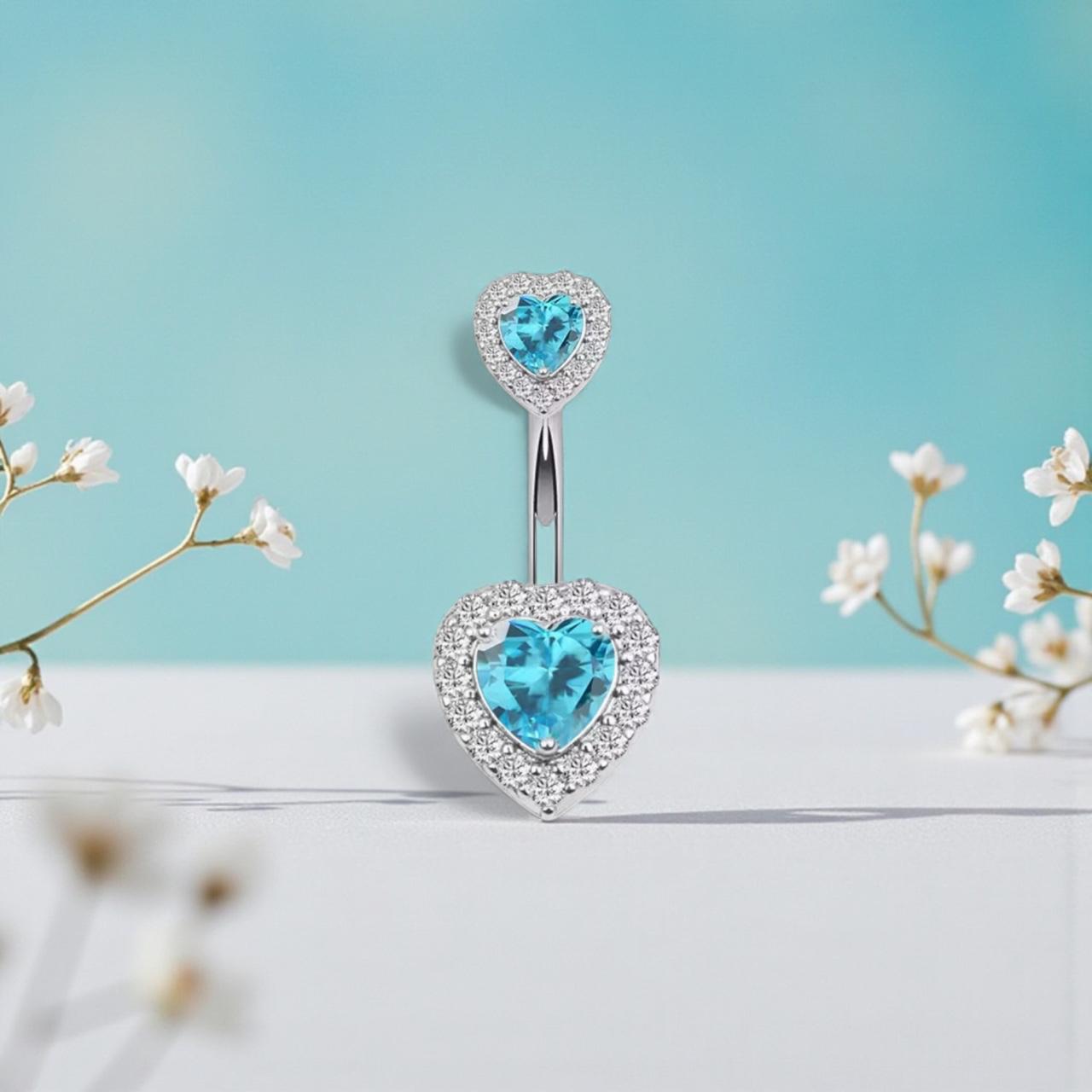 316L Surgical Steel Blue and Clear Colour Double Heart Belly Bar Navel Ring - Image 2