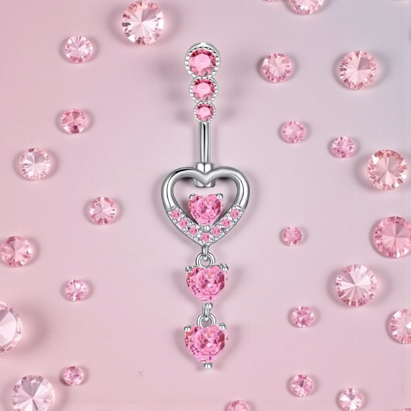 316L Surgical Steel Pink Heart Belly Bar Navel Ring - Image 2