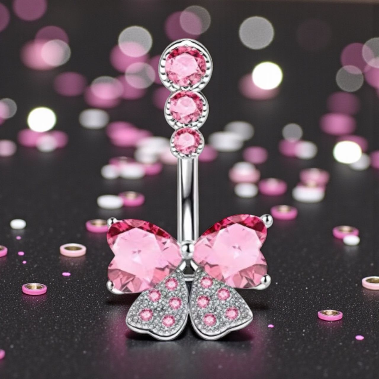 316L Surgical Steel Pink Bow Belly Bar Navel Ring - Image 2