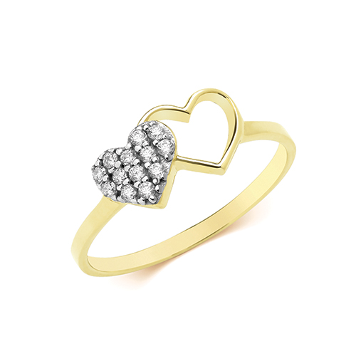 9ct Yellow Gold Ladies CZ Double Heart Ring