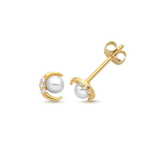 Moon With Pearl Stud Earrings