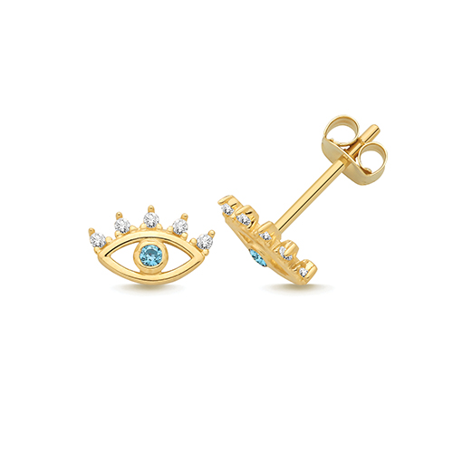9ct Yellow Gold CZ Evil Eye Stud Earrings 7.90mm x 5.10mm  0.56g