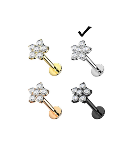 316L Surgical Steel Silver CZ Flower Flatback Labret 1.2mm x 6mm / 8mm / 10mm