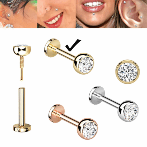 316L Surgical Steel Gold Clear CZ Internally Threaded Labret Flatback 1.2mm x 6mm / 8mm / 10mm
