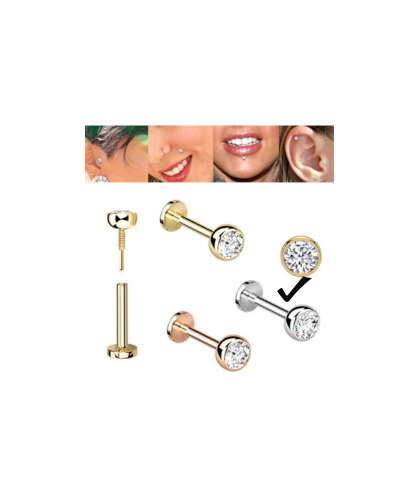 316L Surgical Steel Silver Gold Clear CZ Internally Threaded Labret Flatback 1.2mm x 6mm / 8mm / 10mm