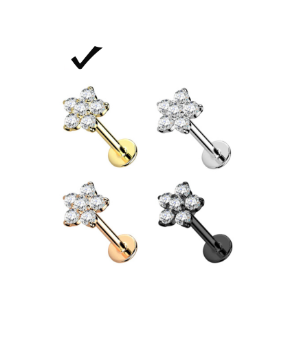 316L Surgical Steel Gold CZ Flower Flatback Labret 1.2mm x 6mm / 8mm / 10mm